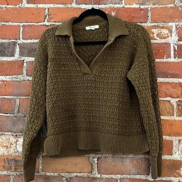 Madewell Sunbury Open-Stitch Polo Sweater in Golden Spinach, size M - Picture 4 of 7